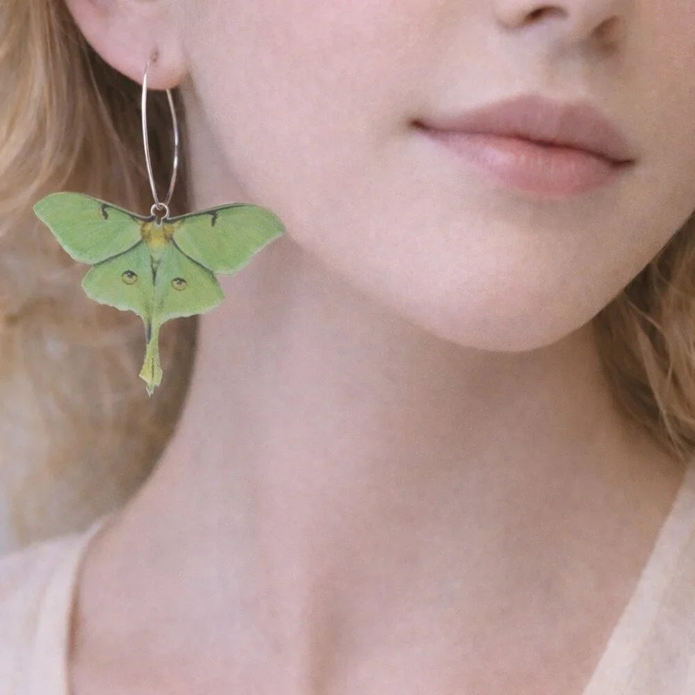 Green Luna Moth Acrylic Hoop Earrings – Statement Nature Earrings - Picture 2 of 4